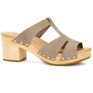 UGG Jennie Wedge Heels Sandals Soft Tan Leather Wood Platform Soles LIKE NEW 8